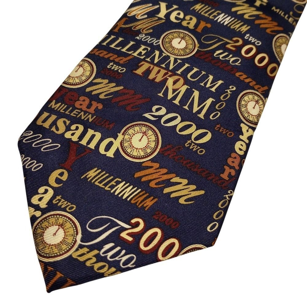 Alynn Neckwear Mens 100% Silk Tie Year 2000 Millennium Clock Navy Blue Gold USA‎